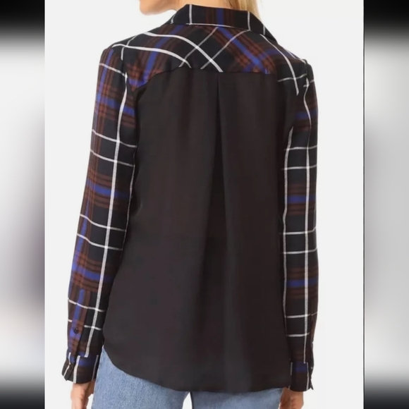 L' AGENCE Denise Plaid Silk S/P Hannel Button Down Shirt Black/ Brown/White - Picture 2 of 14